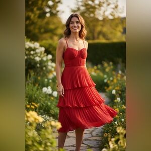 Lulu's Vibrant Red Pleated Midi Dress